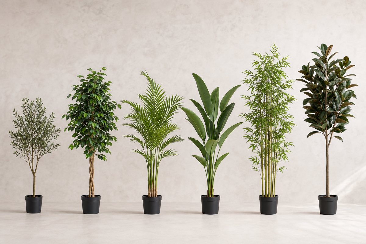 Lineup of medium artificial floor trees for commercial interiors