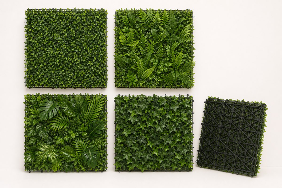 Artificial UV green wall panel lineup in boxwood, fern, tropical and ivy styles